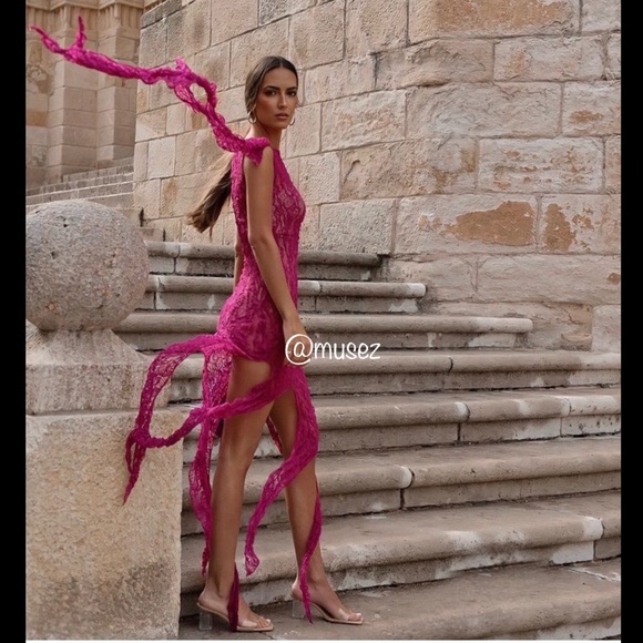 Zara TEXTURED LACE LONG DRESS - Picture 10 of 16